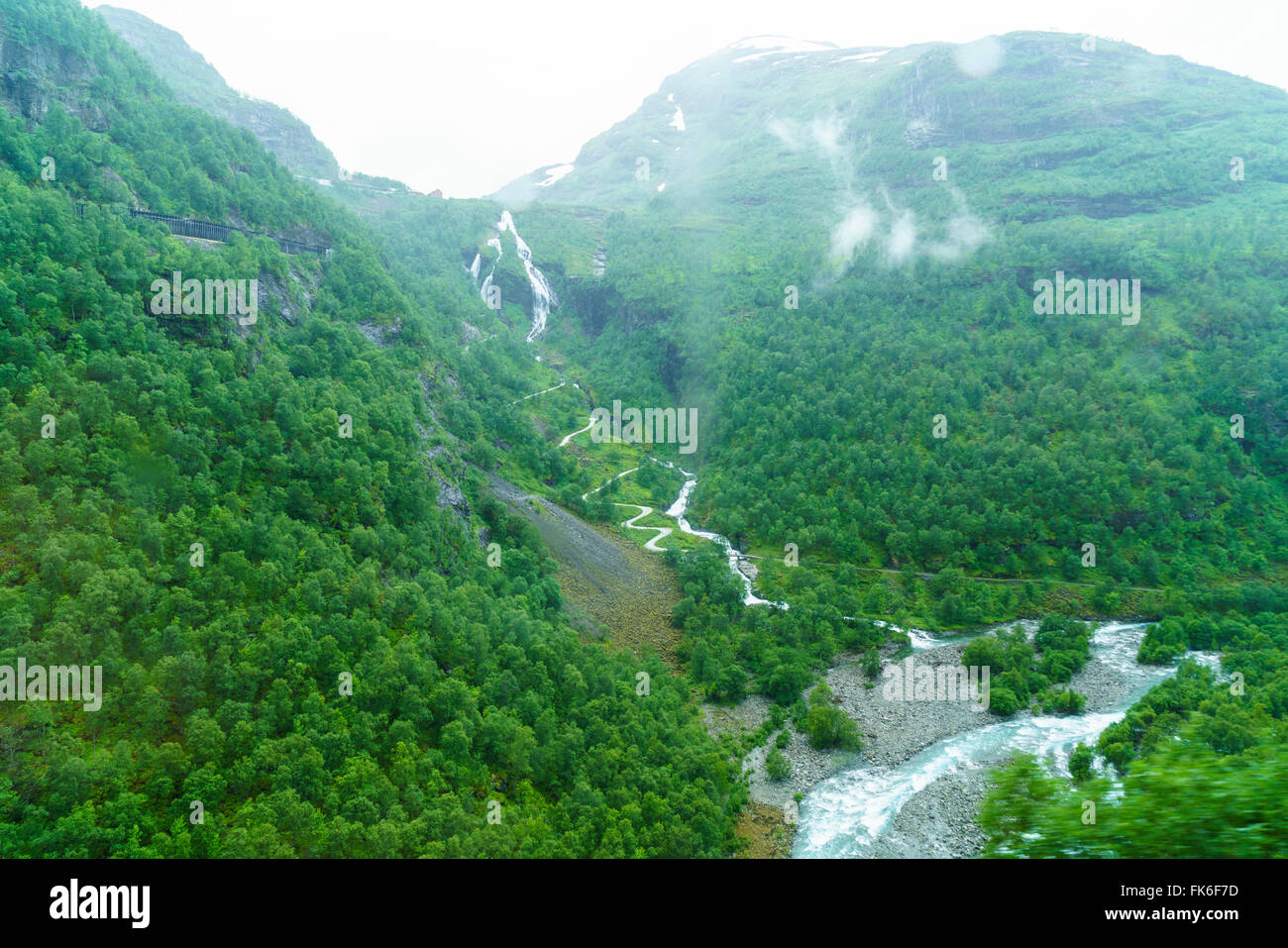 Una vista de las cascadas y el bosque de la Flam Railway, Flamsbana, Flam, Noruega, Escandinavia, Europa Foto de stock