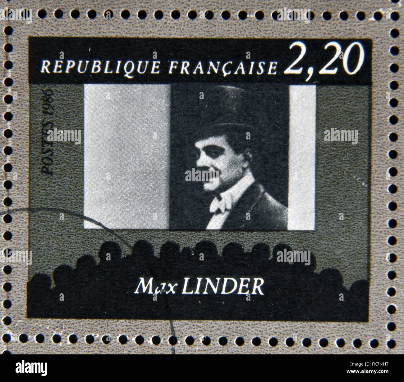 Francia - circa 1986: sello dedicado al centenario de la muestra de cine francés Max Linder, circa 1986 Foto de stock