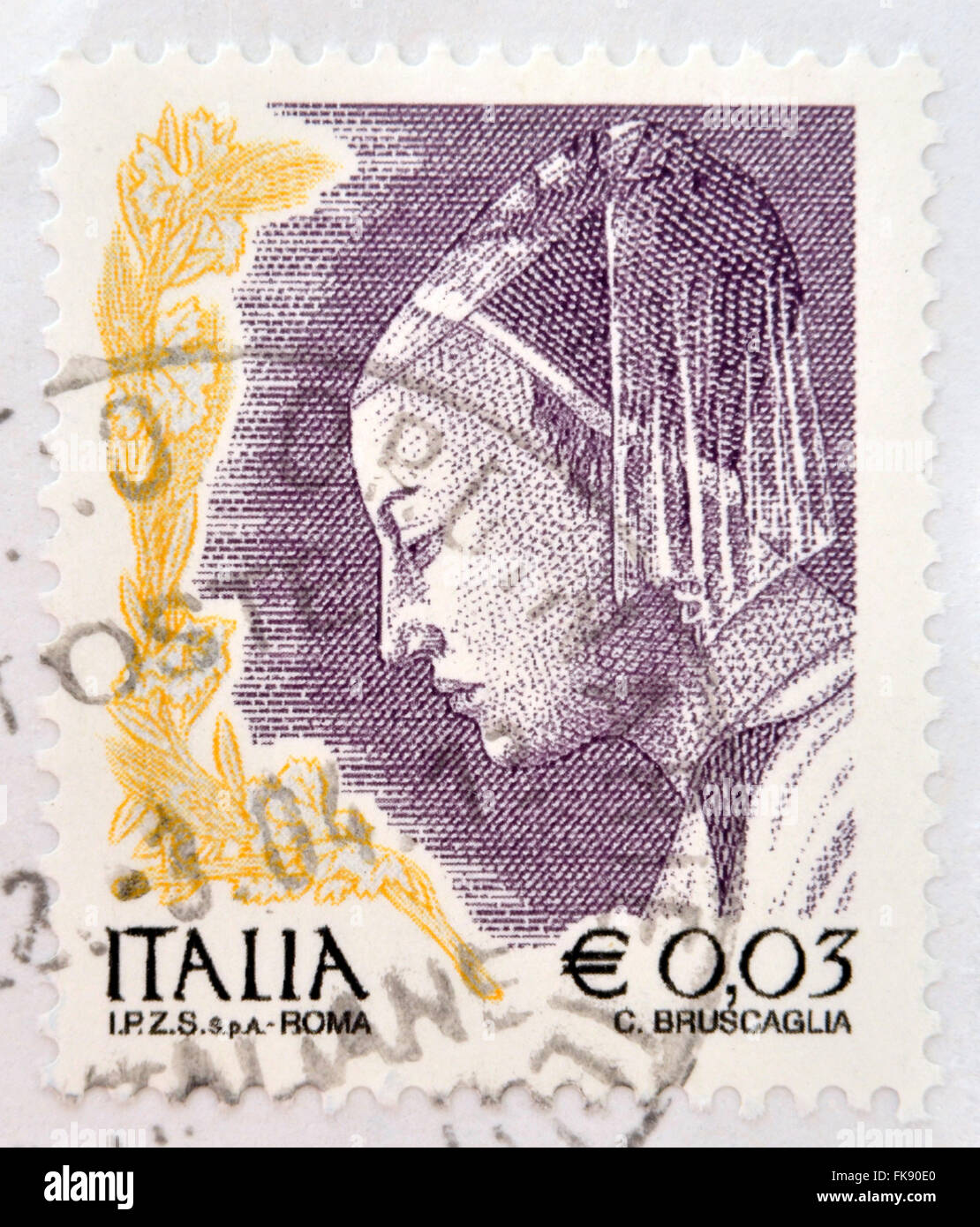 Italia: circa 2002: sello impreso en Italia muestra la reina de Saba de la reunión del Rey Salomón y la Reina de Saba Foto de stock