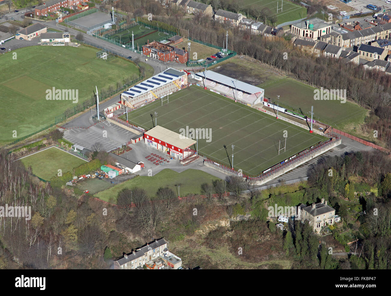 Vista aérea de Batley Rugby League tierra cerca de Dewsbury, West Yorkshire, Reino Unido Foto de stock