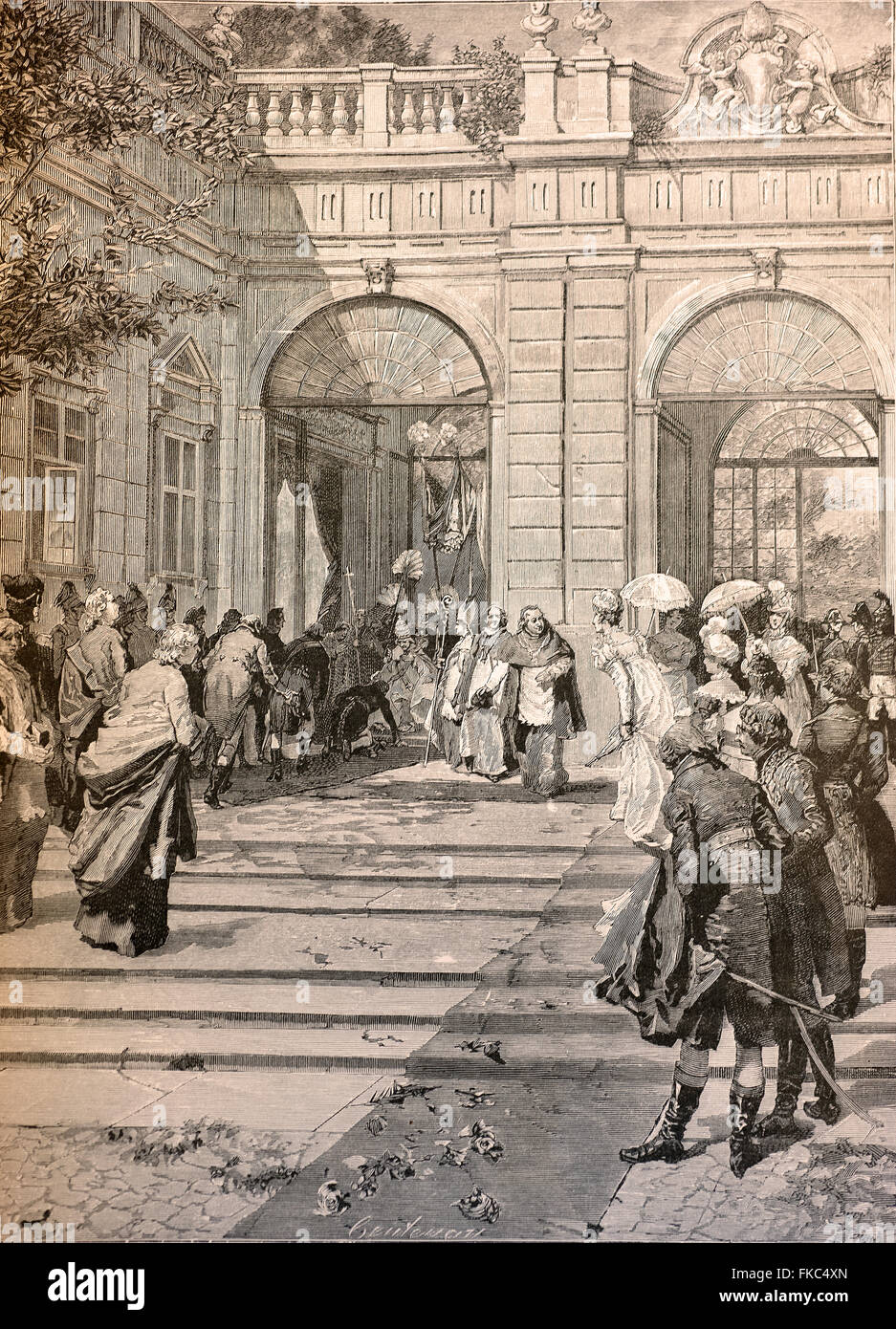Risorgimento italiano 1814 - El regreso del Papa Pío VII en Roma, Carlo Emanuele IV besa a su pie entrando en San Pedro Foto de stock
