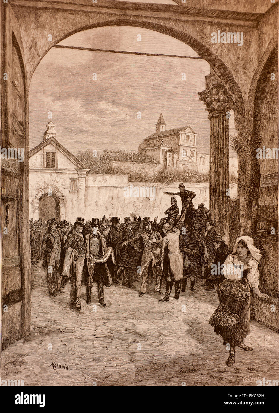 Risorgimento italiano 1831 Roma - Roman conspiradores en el Gianicolo Foto de stock
