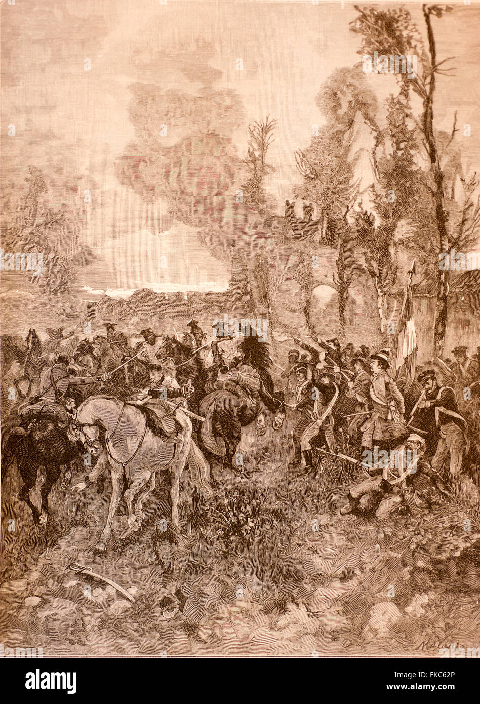 Risorgimento italiano el pueblo de Romagna voluntarios repeler el ataque de la caballería austríaca Foto de stock