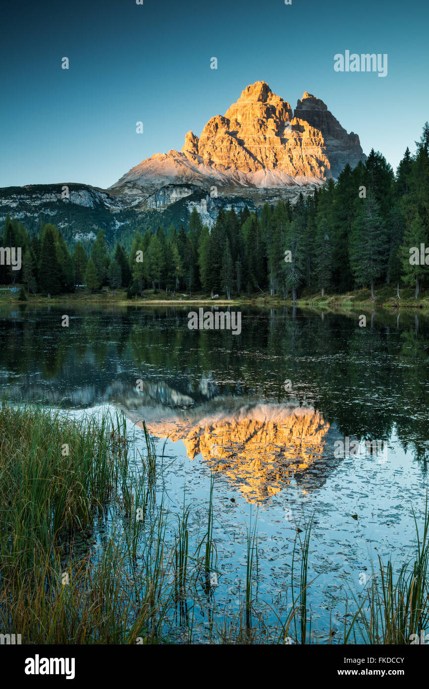 Las Tre cime di Lavaredo reflejado en el Lago di Antorno, Dolomitas, provincia de Belluno, Veneto, Italia Foto de stock
