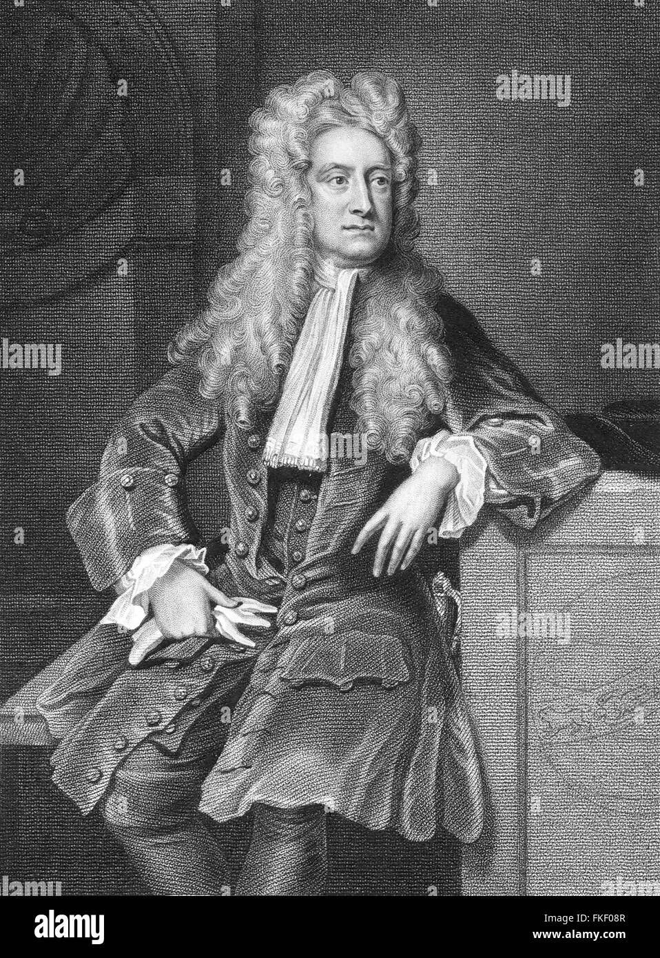 Sir Isaac Newton, el 17ª/18thC físico y matemático inglés. Retrato de William Derby y grabado por William Fry, 1829 Foto de stock