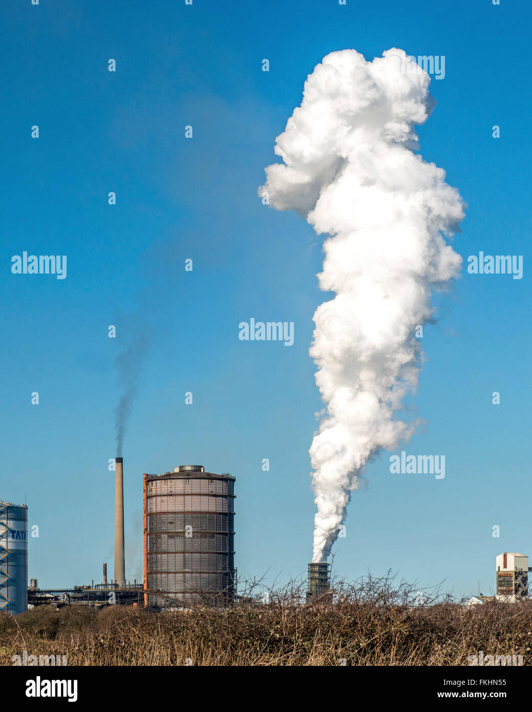 Escupiendo nubes de vapor de la planta de producción de Tata Steel en Port Talbot, Gales del Sur, contra un cielo azul claro Foto de stock