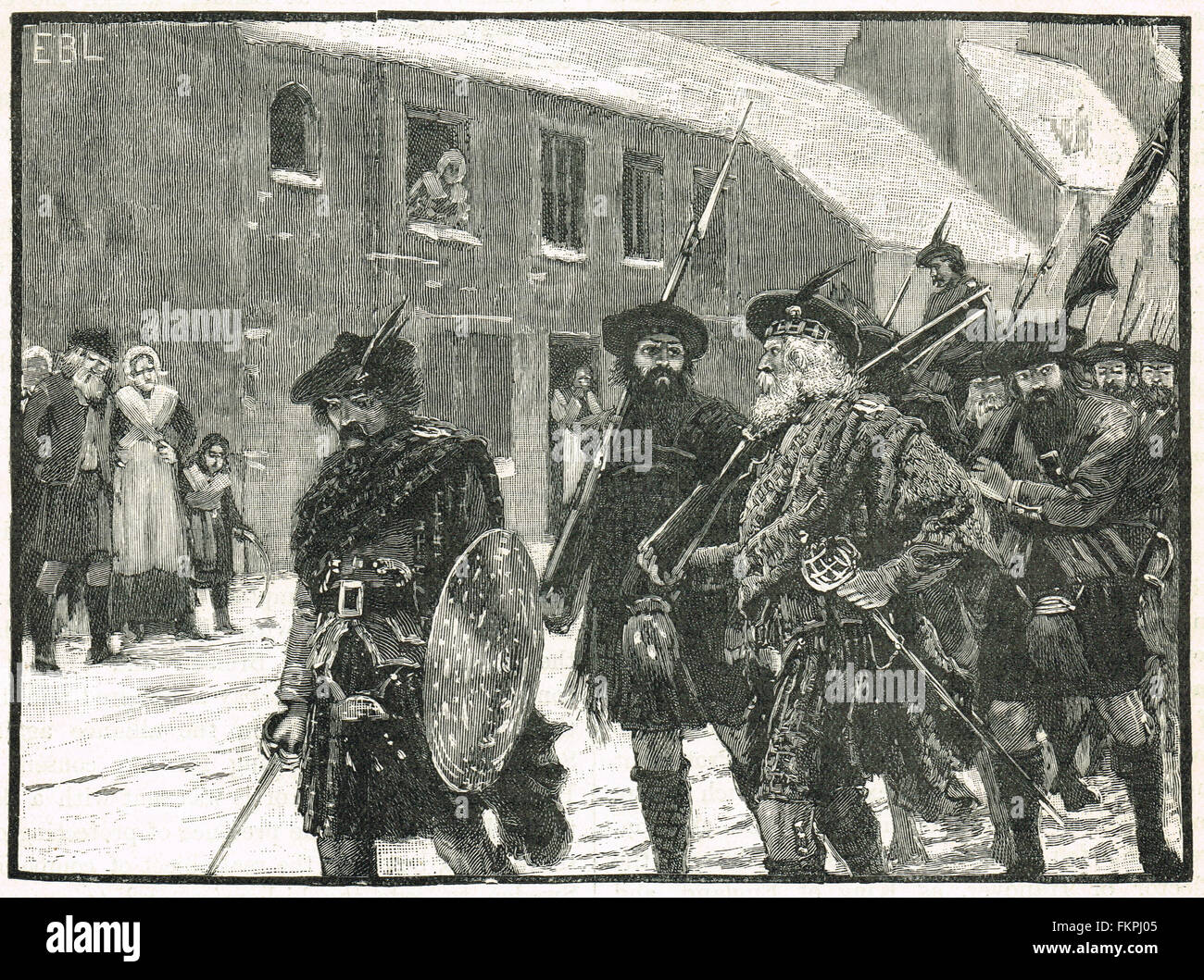 Highlanders retrocediendo desde Perth jacobita de subida de 1715 Foto de stock
