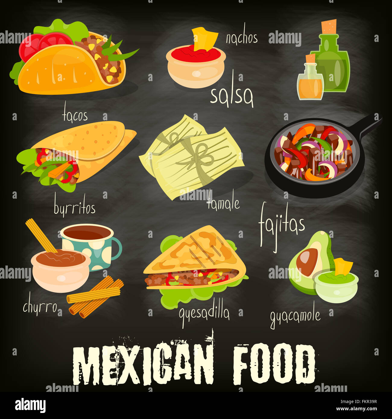 Tarjeta de menú de comida mexicana con la tradicional comida picante en el  fondo de la Pizarra Fotografía de stock - Alamy