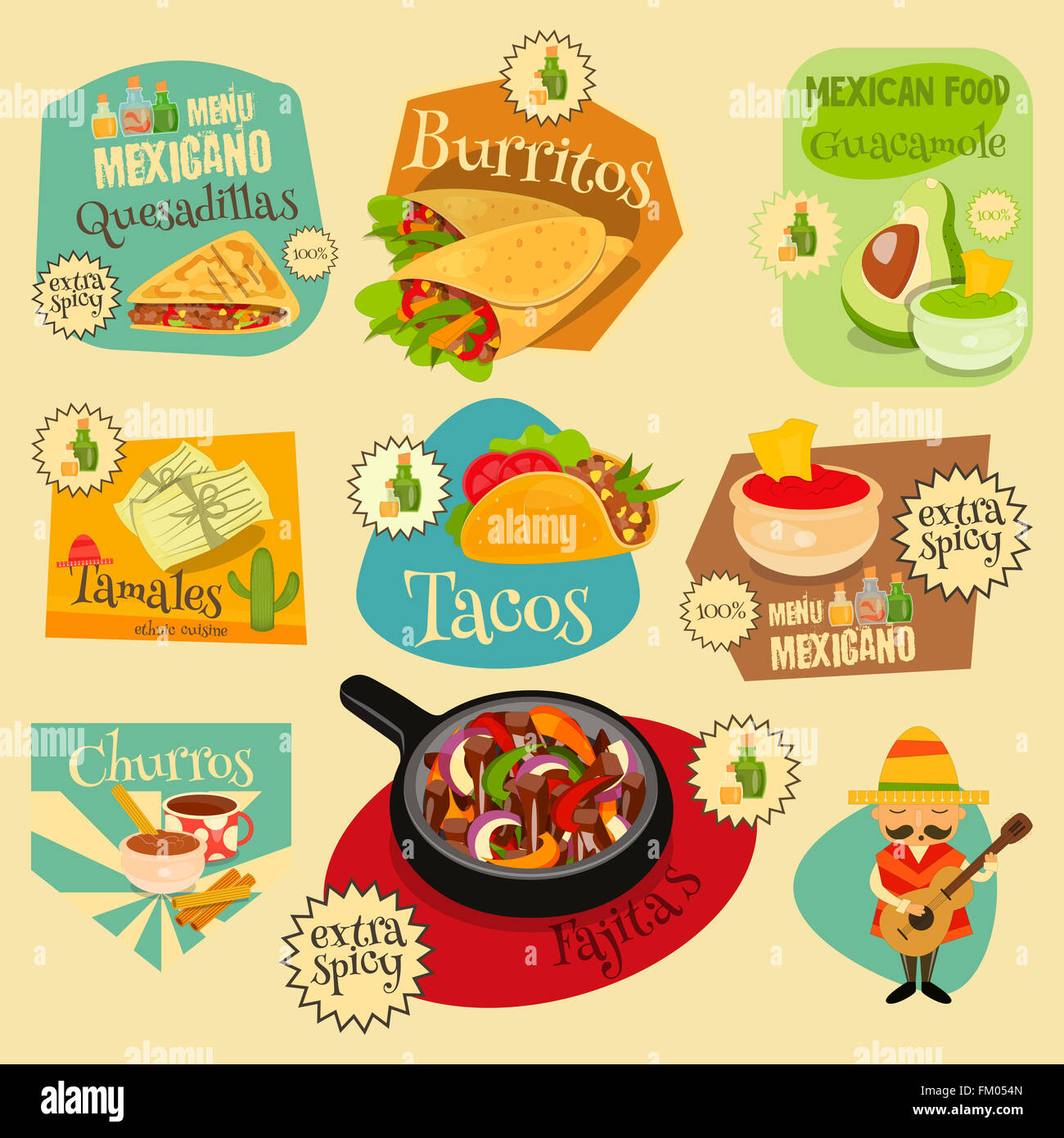 Menú de Comida Mexicana Mini etiquetas establecidas con la tradicional  comida picante Fotografía de stock - Alamy