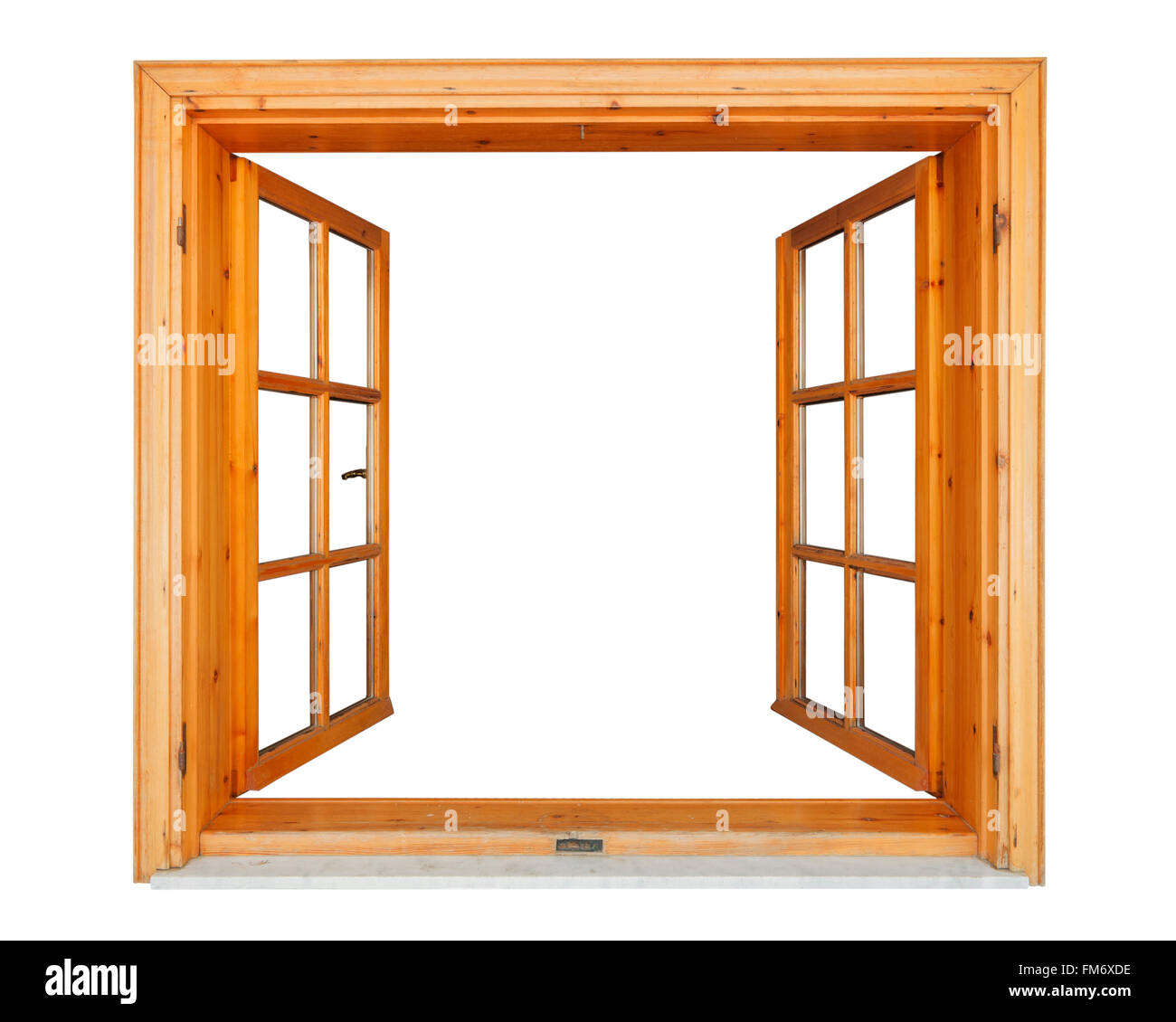 Abrir ventana de madera con repisa de mármol aislado sobre fondo blanco. Foto de stock