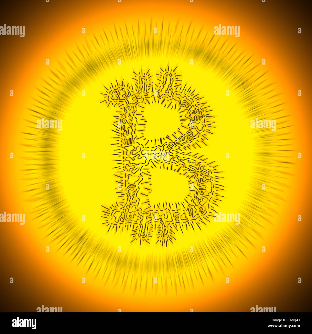 Puntiagudos Bitcoin símbolo dibujado a mano de una moneda digital crypto descentralizado, letra b sobre fondo blanco. Foto de stock