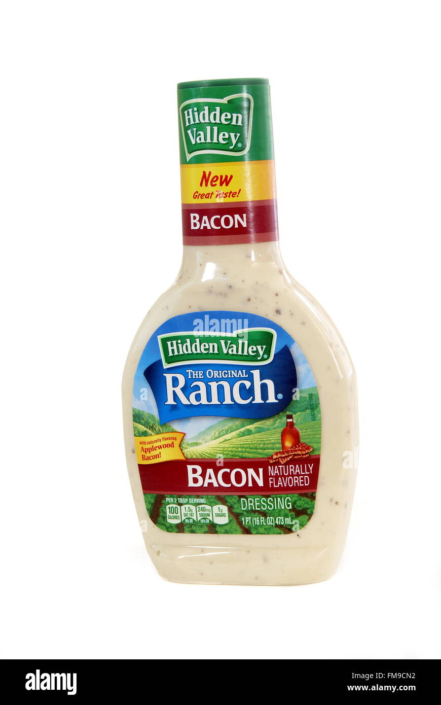 Botella de Hidden Valley Bacon Ranch Salad Dressing en blanco. 1 pt (16 fl oz) 473ml. La hv productos alimenticios co. oakland ca usa. Foto de stock