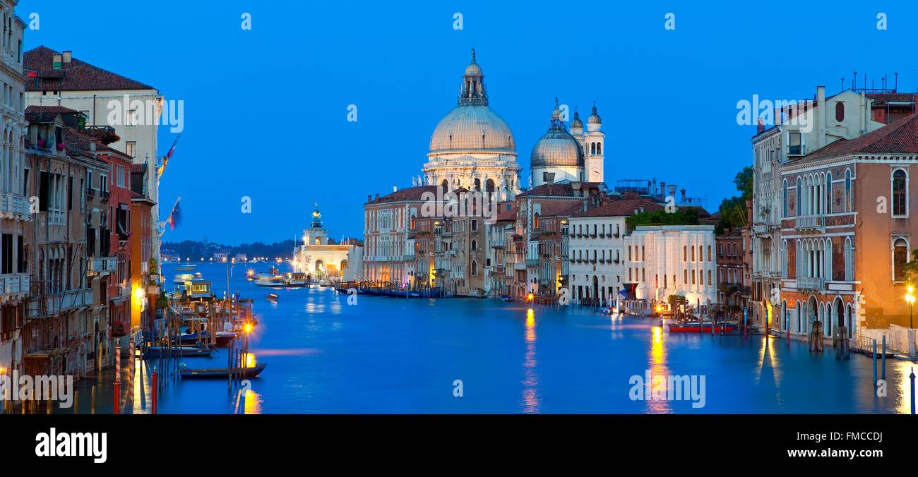 Italia, Veneto, Venecia, la iglesia de Santa Maria della Salute y el Gran Canal al atardecer Foto de stock