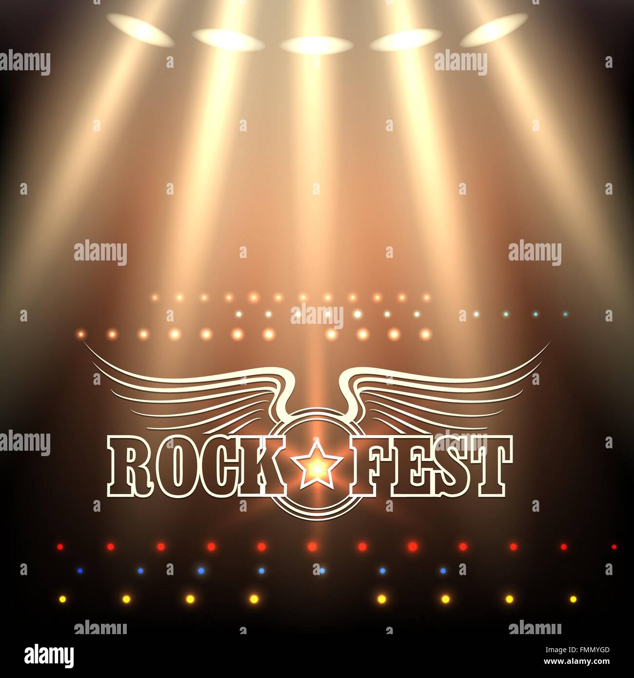 Rock Festival Cartel Plantilla. Etapa de focos y redacción Rock Fest decorado por ALAS y estrellas. Fuente libre utilizado. Ilustración del Vector