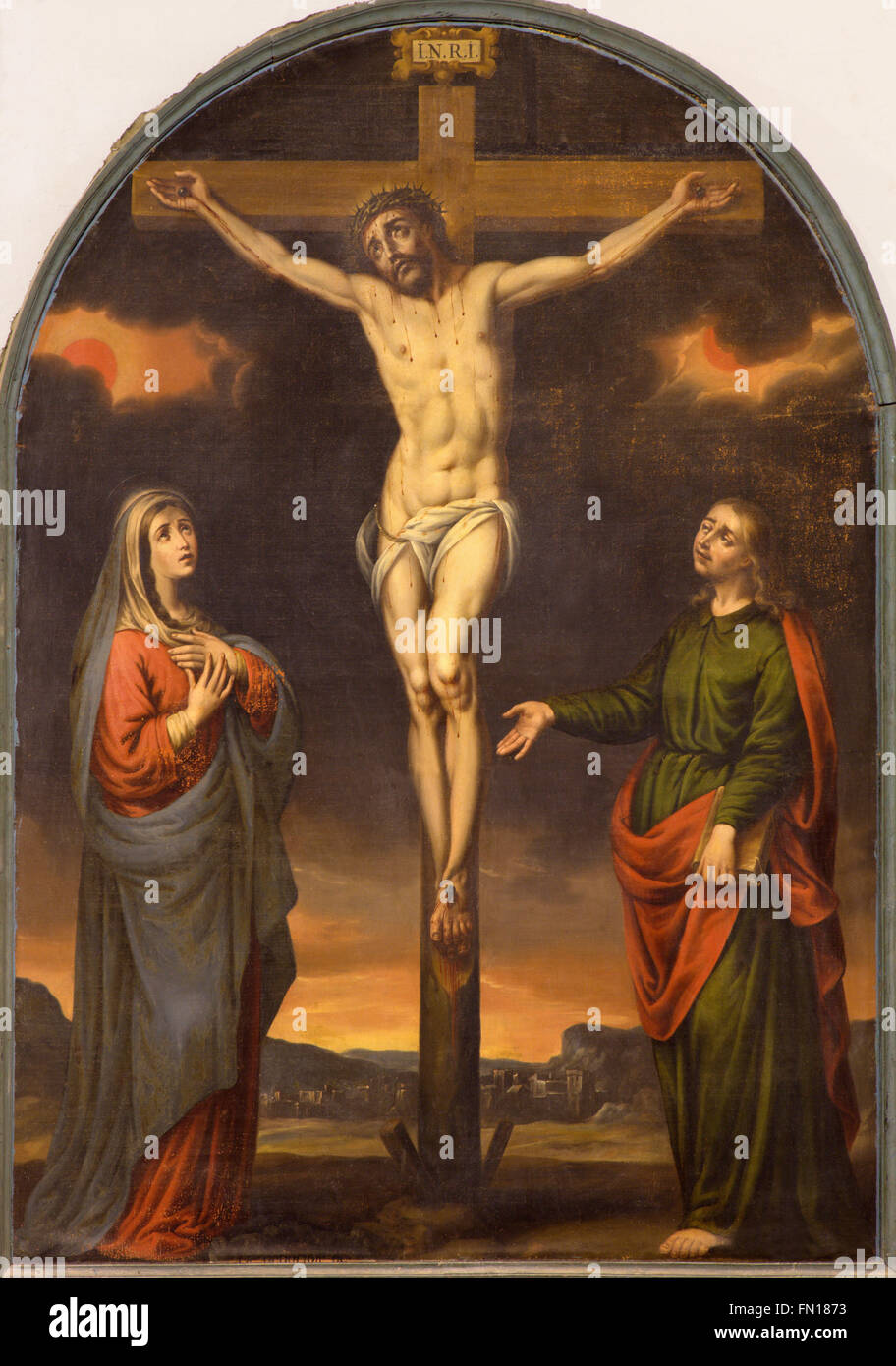 GRANADA, España - 29 de mayo de 2015: la crucifixión de pintura en la iglesia monasterio de San Jerónimo por artista desconocido del 17%. Foto de stock