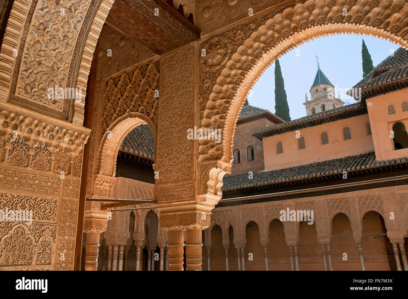 El Patio de los Leones, La Alhambra, Granada, región de Andalucía, España, Europa Foto de stock