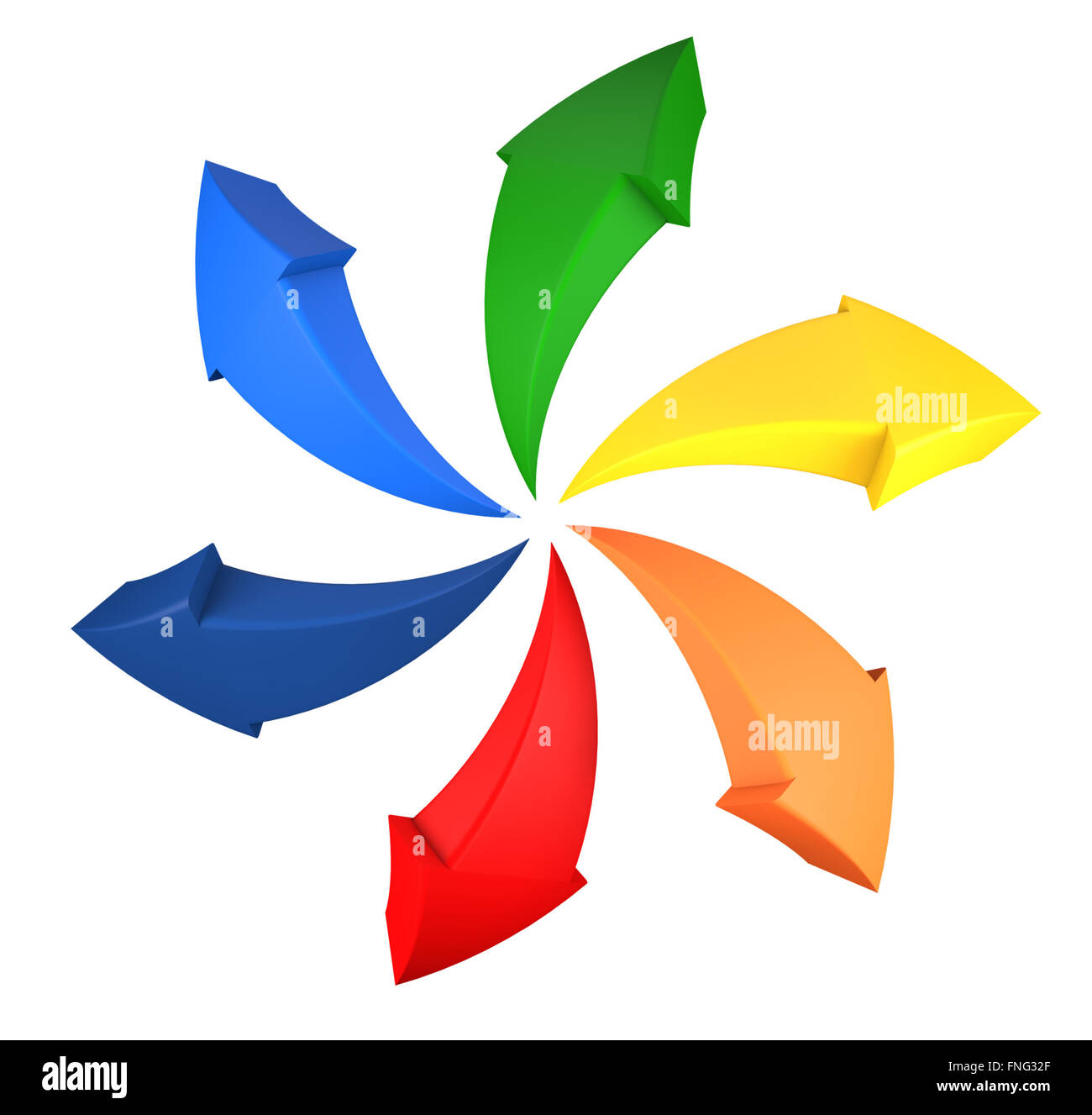 Conjunto de flechas circulares de color azul, verde, rojo, naranja y amarillo aislado sobre fondo blanco. Foto de stock