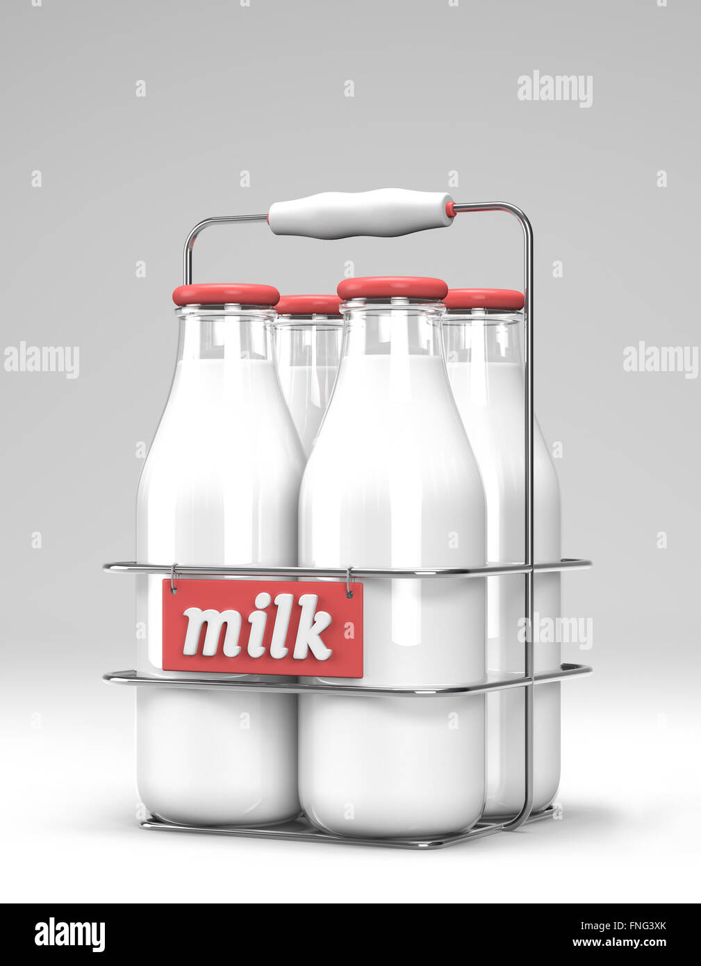 Cuatro botellas de leche de vidrio con tapas de luz roja en un estuche metálico con soporte y leche de la palabra escrita en la parte delantera en blanco Foto de stock