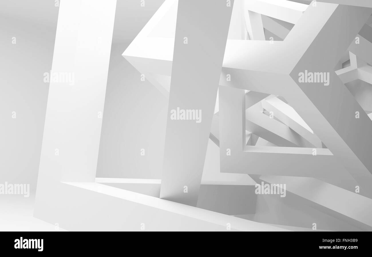 Blanco interior abstracto con caótica construcción de cubos. Ilustración 3d Foto de stock
