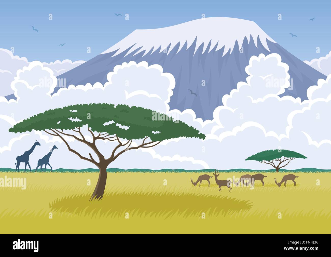 Paisaje africano con la sabana y el Monte Kilimanjaro. Sin transparencia. Basic (gradientes lineales) utilizado para el cielo. Ilustración del Vector