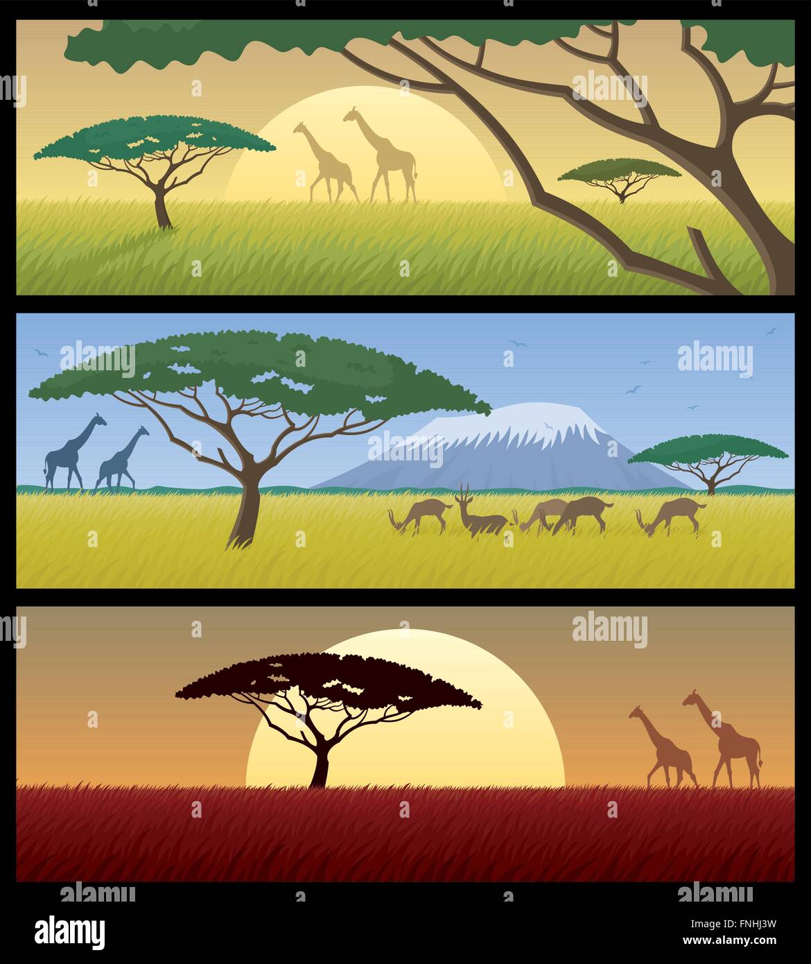 Tres paisajes africanos. Ilustración del Vector