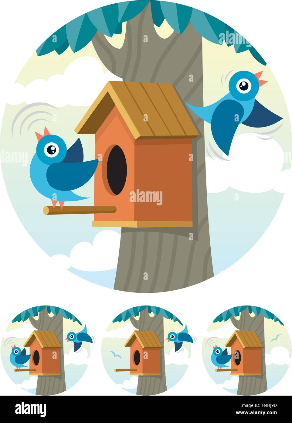 Cartoon casita para aves y 2 carracas azules representado en 4 situaciones diferentes. Ilustración del Vector