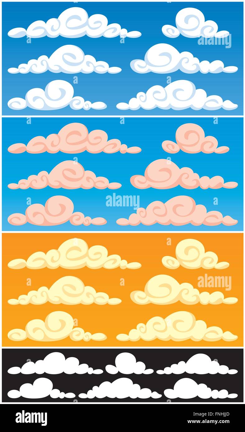 Coleccion De Dibujos Animados De Nubes En 3 Versiones De Color Y Siluetas Cada Nube Consta De 2 Colores Unicamente Por Lo Que Son Muy Faciles De Imagen Vector De Stock Alamy