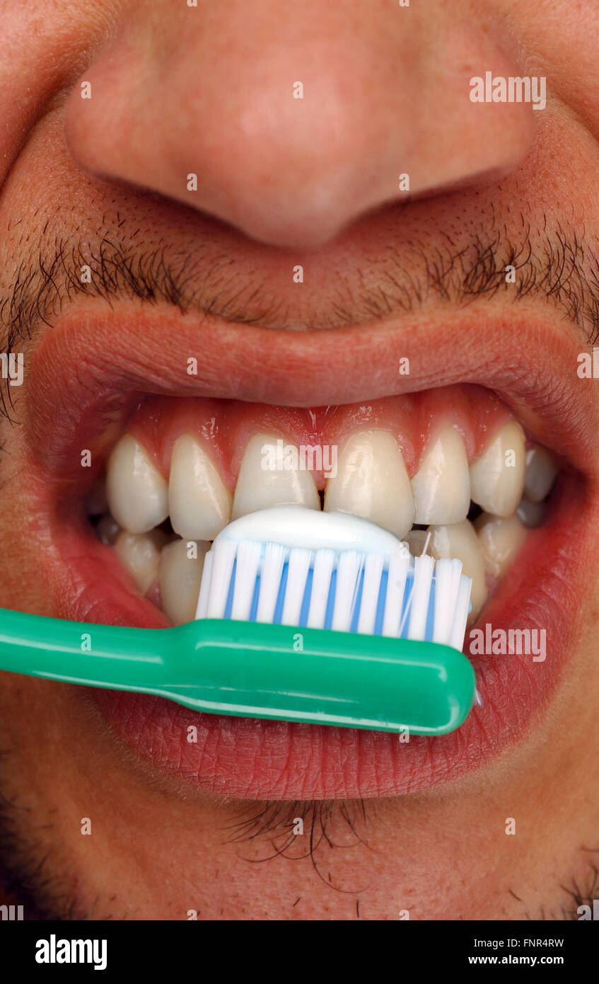 Un hombre joven cepillarse los dientes con pasta de dientes. El cepillado regular de los dientes ayuda a prevenir la caries dental y la enfermedad periodontal. Foto de stock