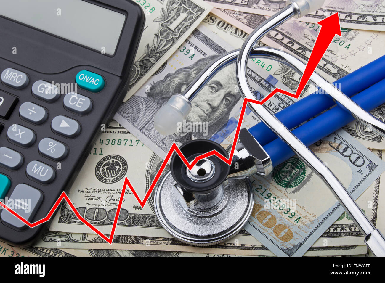 Gráfico que muestra el alto costo del cuidado de salud con USD billetes de banco de un estetoscopio y calculadora Foto de stock