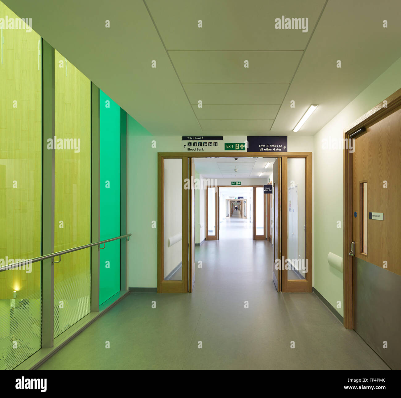 Corredor de colores con ward entrada. Southmead Hospital, Bristol, Reino Unido. Arquitecto: BDP, 2014. Foto de stock