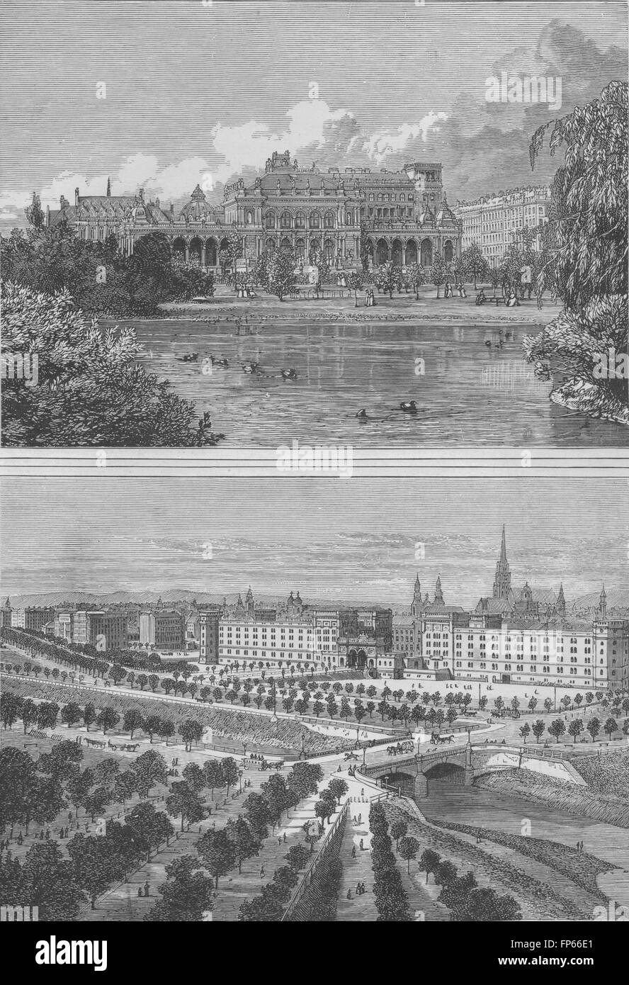 Viena: el Parque de la ciudad y el bulevar Ringstrasse, grabado antiguo 1882 Foto de stock