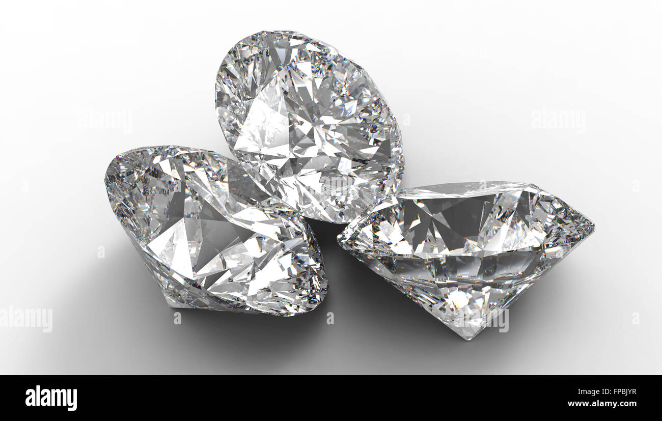 Grupo de tres diamantes grandes. Sombras y luz de fondo Foto de stock