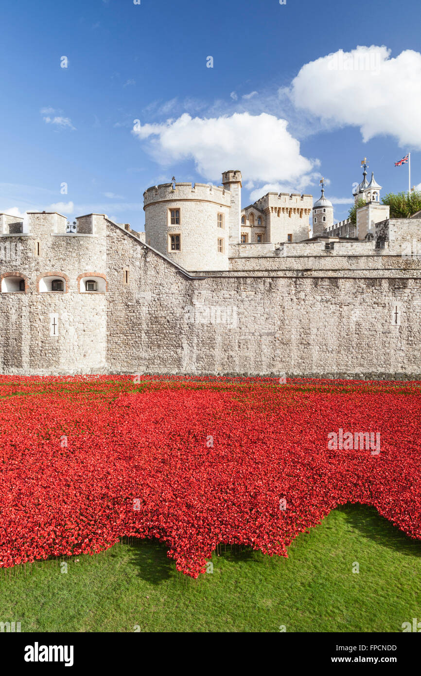 Una vista exterior de la Torre de Londres, la Primera Guerra Mundial llamado memorial de amapola' sangre arrasaron tierras y mares de Rojo', mostrando los miles de amapolas hechas a mano. Foto de stock