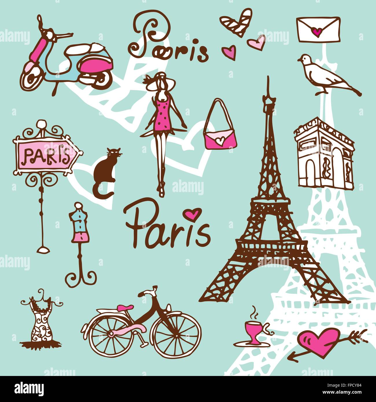Símbolos de París doodle - Antecedentes Ilustración del Vector