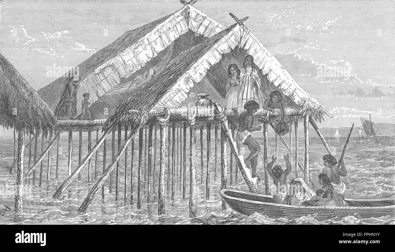 VENEZUELA indios Guajiro de embarque, Maracaibo, grabado antiguo 1880