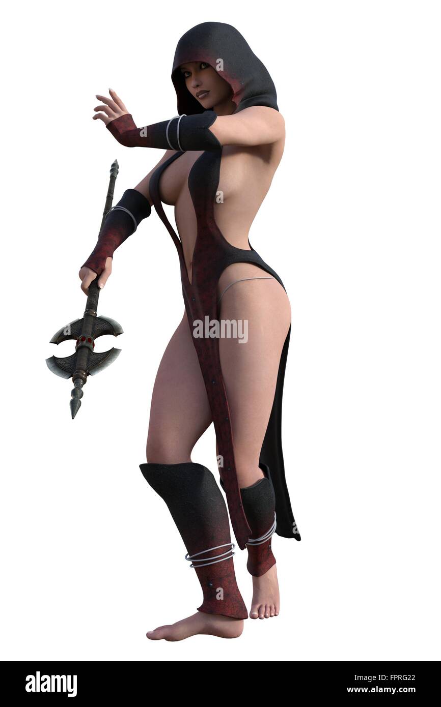 Fantasy encapuchado asesino femenino en revelar vestido con palas gemelas ax Foto de stock