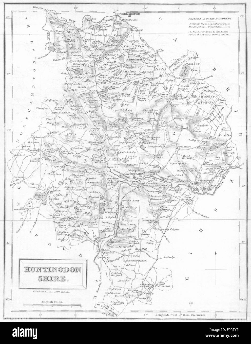 Cacerías: Huntingdonshire: Hall, 1831 mapa antiguo Foto de stock