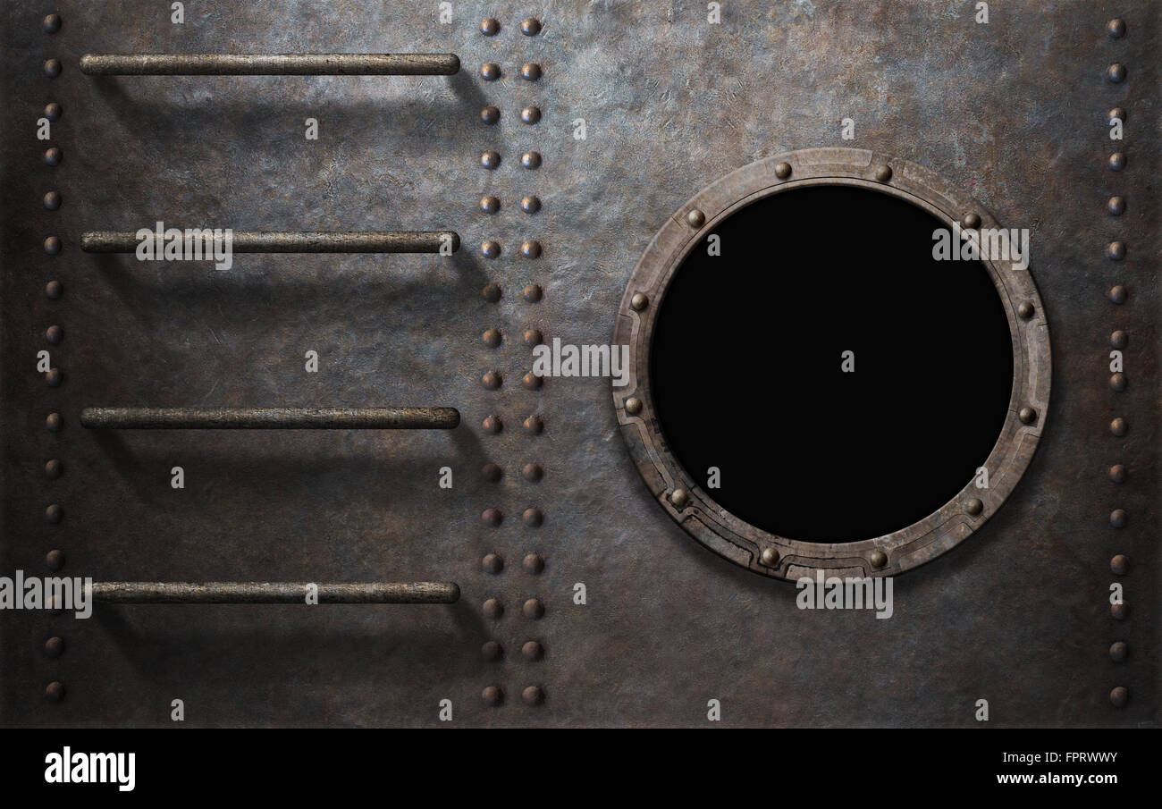 Metal submarino o nave lateral con escaleras y ojo de buey Foto de stock