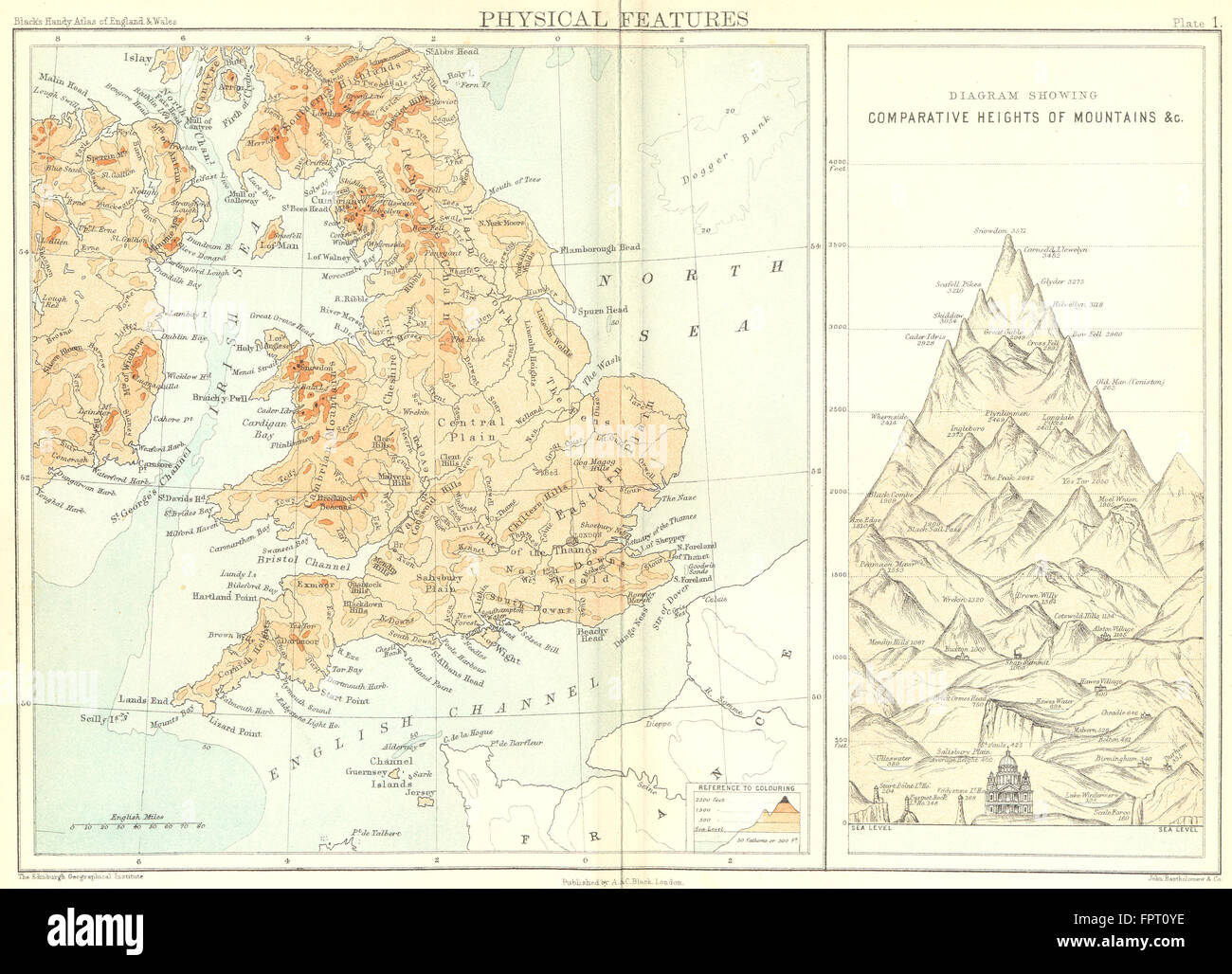 Inglaterra, País de Gales: características físicas; Montañas, 1892 mapa antiguo Foto de stock