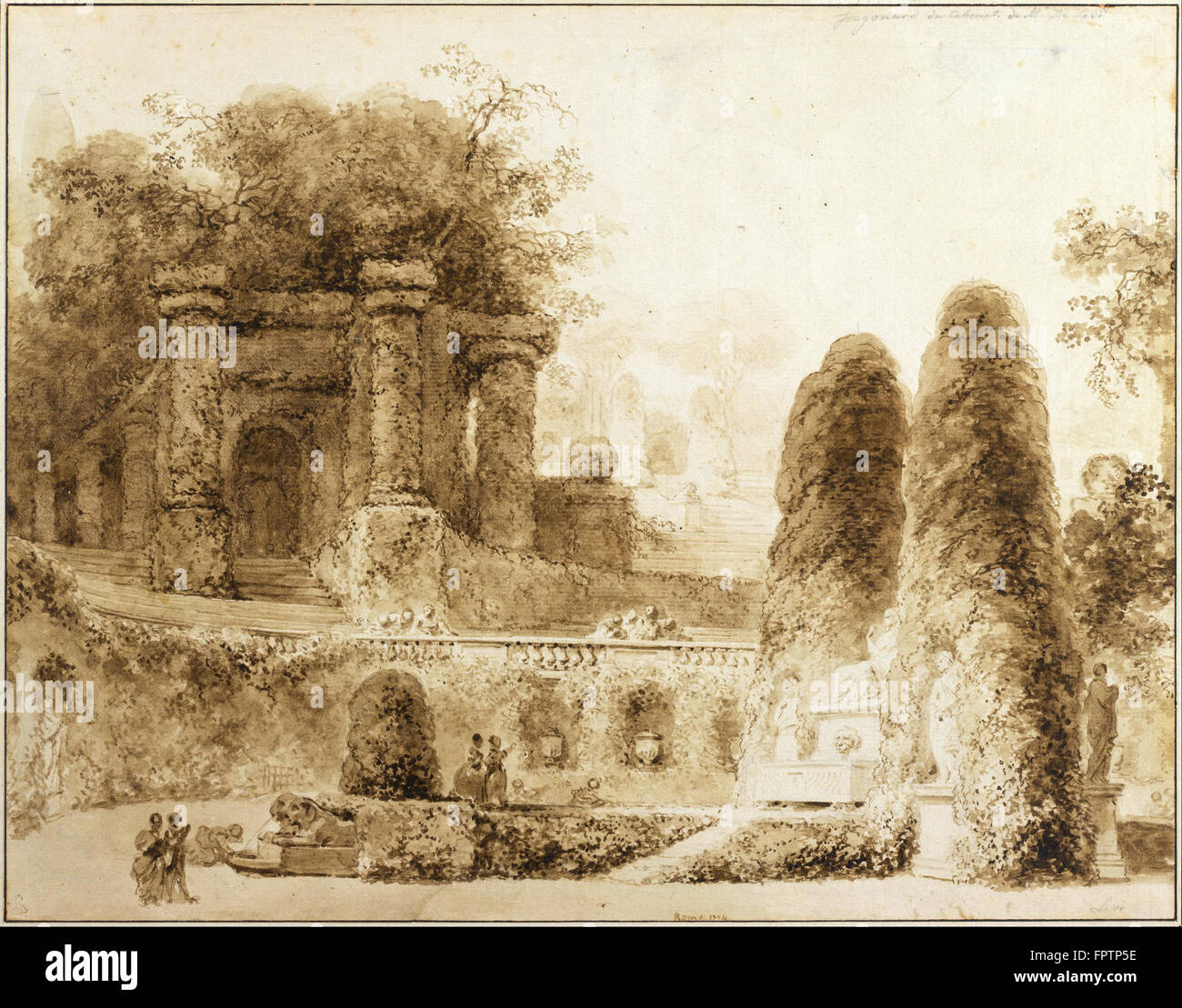Jean Honoré Fragonard - Parque romano con fuente - 1774 Foto de stock