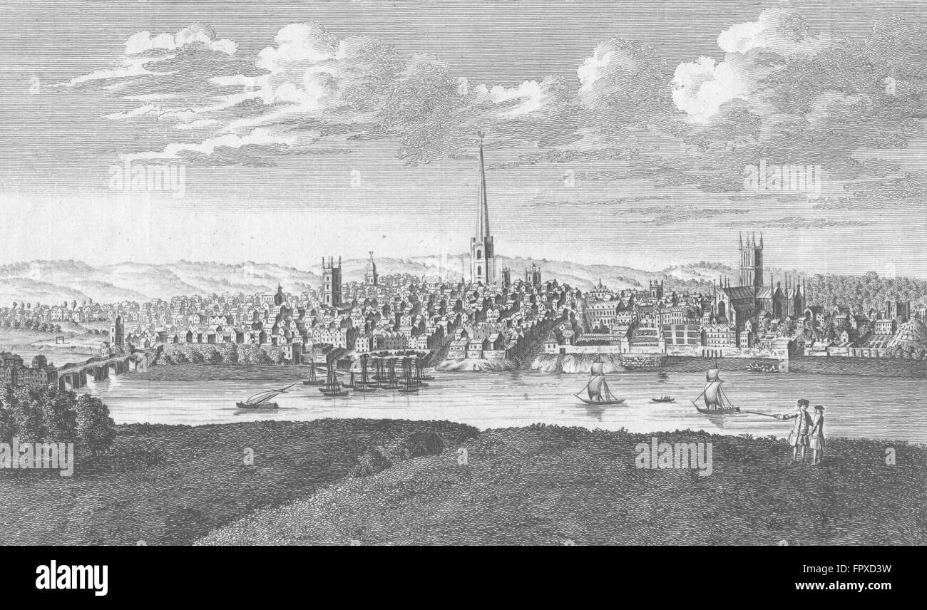WORCS: perspectiva y la catedral de la ciudad de Worcester, grabado antiguo 1777 Foto de stock