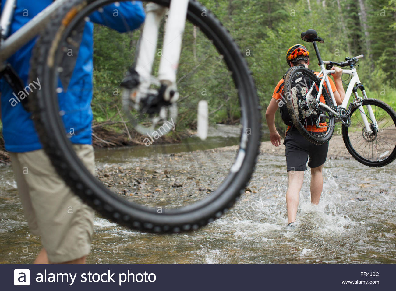 Vista desde detrás de los ciclistas de montaña llevar bicicletas a través de stream Foto de stock