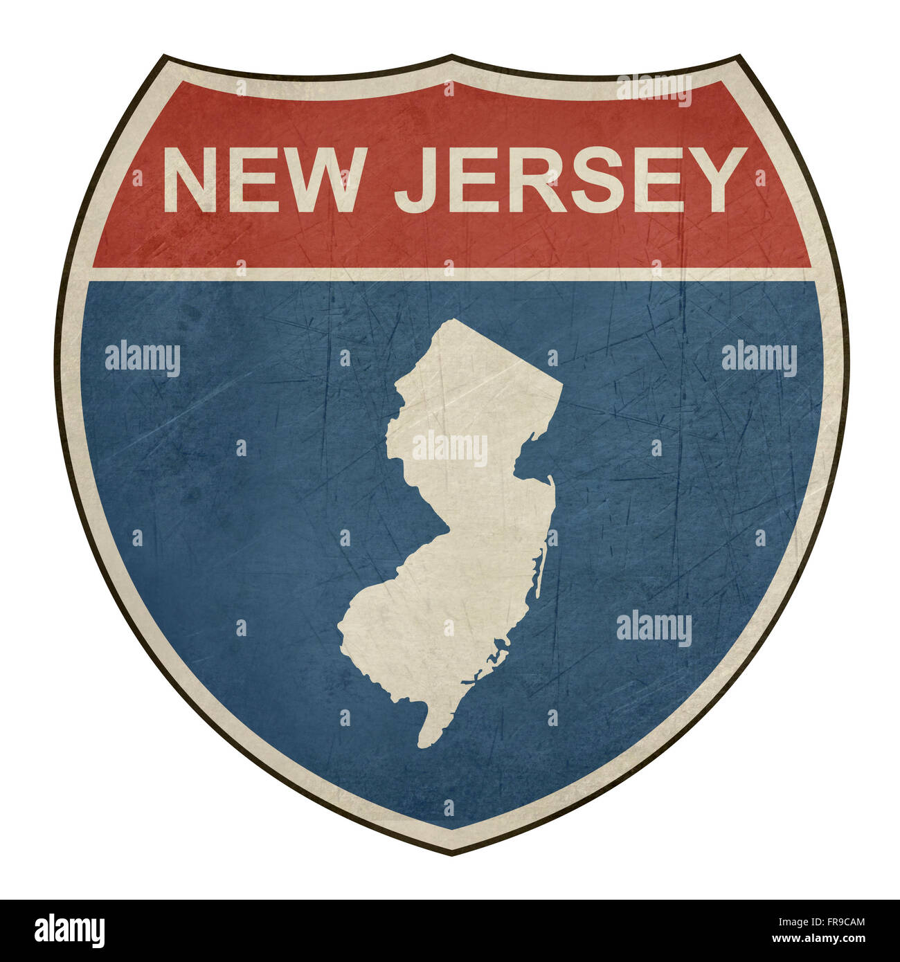 Grunge New Jersey autopista interestatal escudo de carretera aislado sobre un fondo blanco. Foto de stock