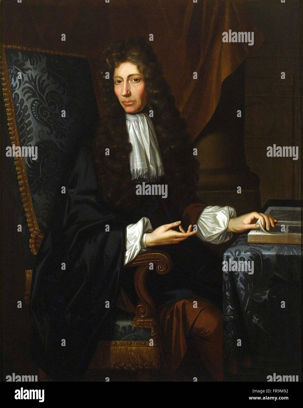 Un 1689 Óleo sobre lienzo retrato de Robert Boyle. Robert William Boyle (25 de enero de 1627 - 31 de diciembre de 1691) fue un filósofo natural angloirlandés, químico, físico e inventor nacido en Irlanda. Boyle es ampliamente considerado hoy como el primer químico moderno, y por lo tanto, uno de los fundadores de la química moderna, y uno de los pioneros del moderno método científico experimental. Foto de stock