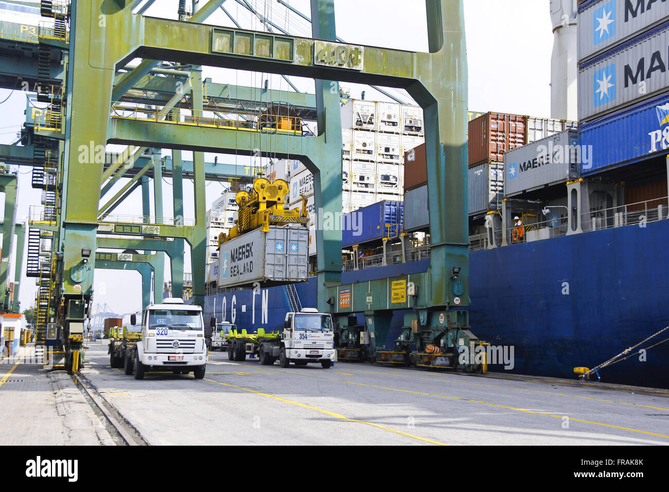 Puerto de Santos - barco de contenedores de carga y descarga de camiones de la cuchara Foto de stock