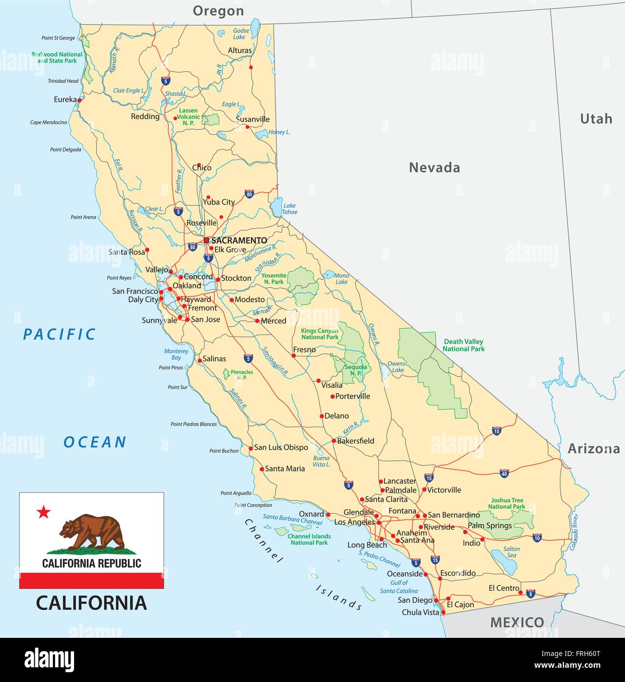 Mapa de carreteras de California con bandera Ilustración del Vector