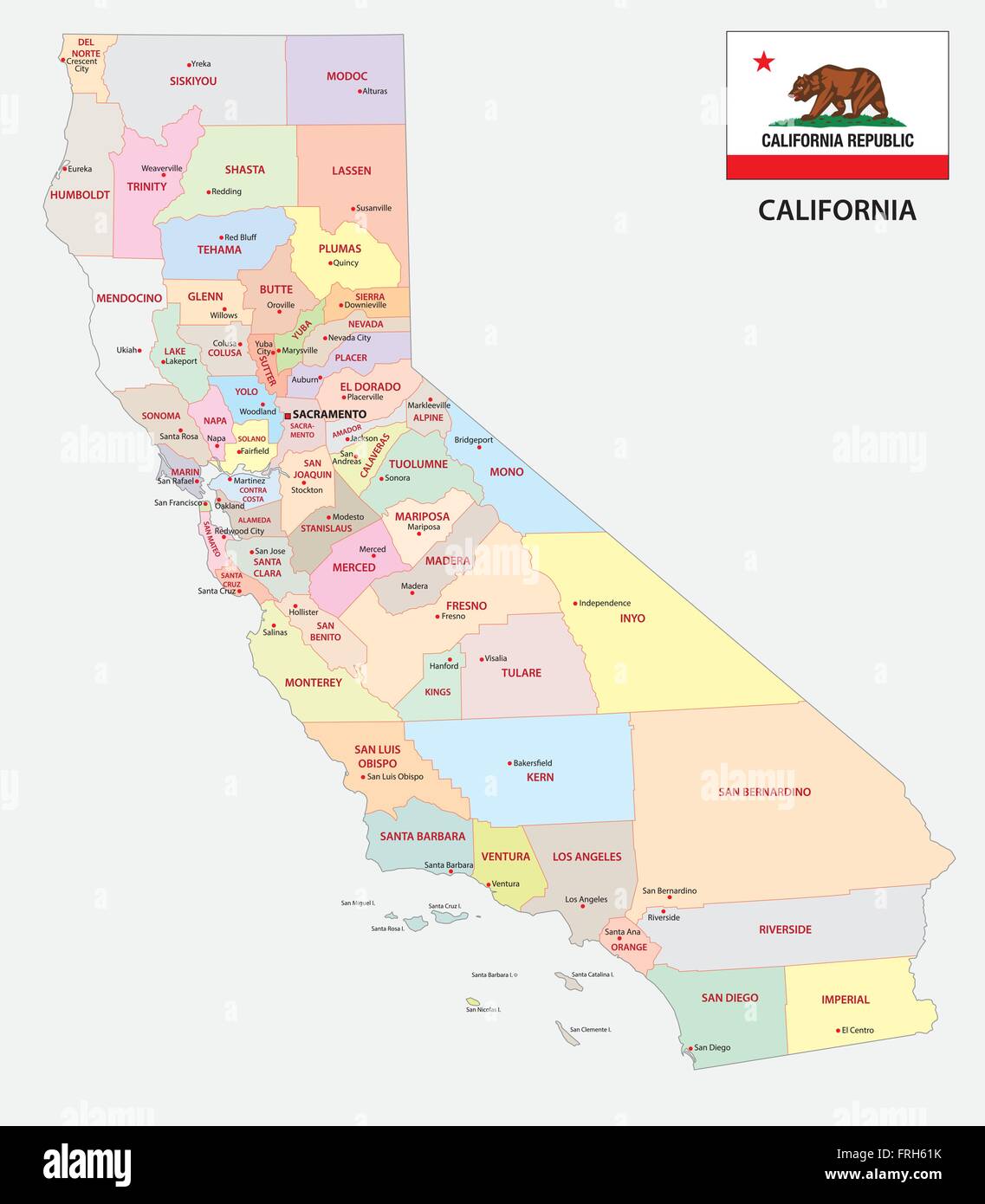 Mapa administrativo de California con bandera Ilustración del Vector