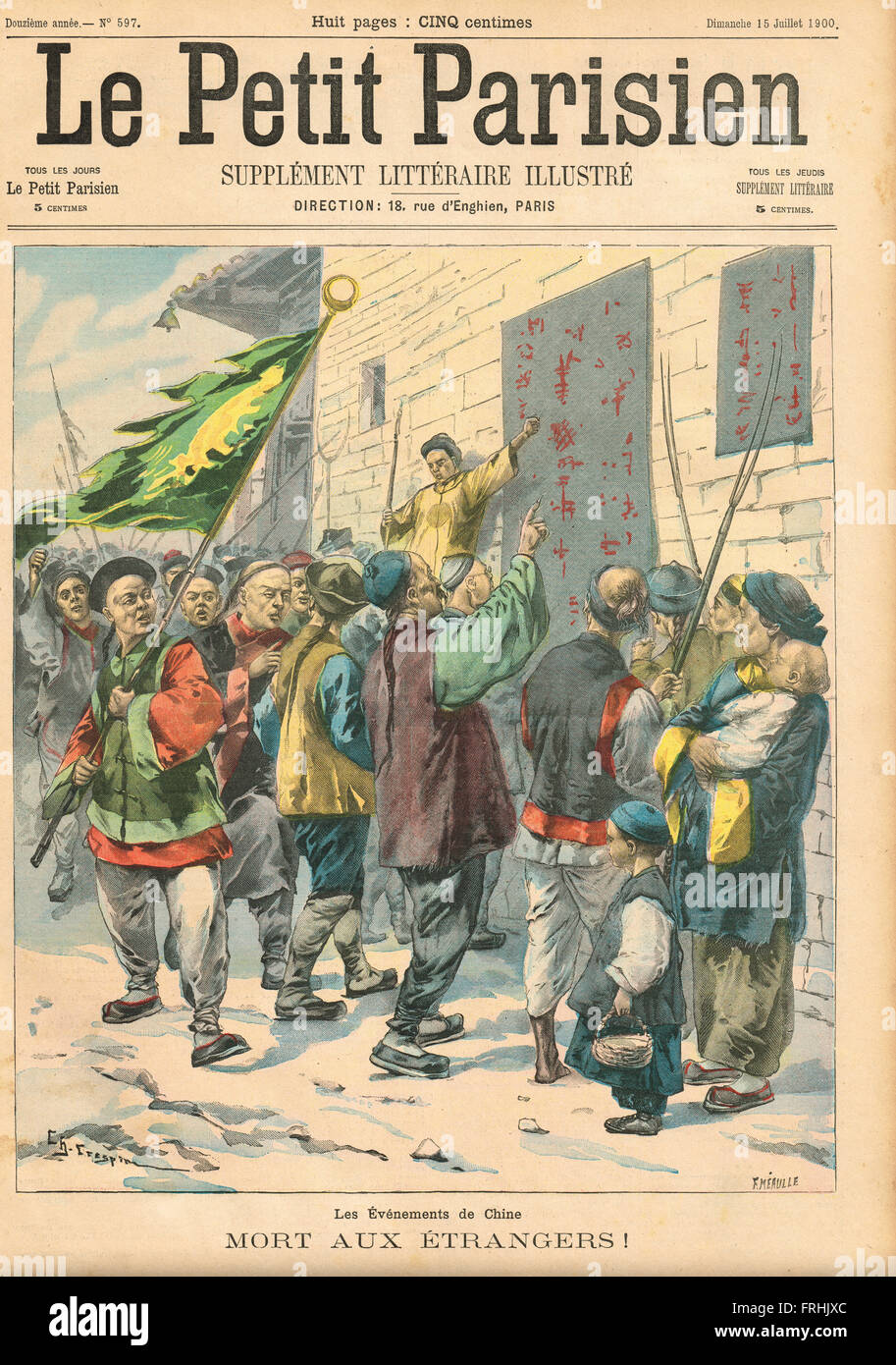 ¡Muerte a los extranjeros! Boxeador Rebelión China 1900. Ilustración de periódico ilustrado francés Le Petit Parisien Foto de stock