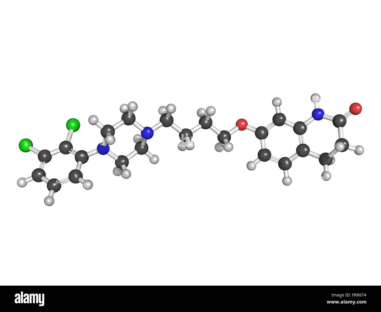 El aripiprazol medicamento antipsicótico, estructura química. Los átomos son representados como esferas con codificación de color convencional Foto de stock