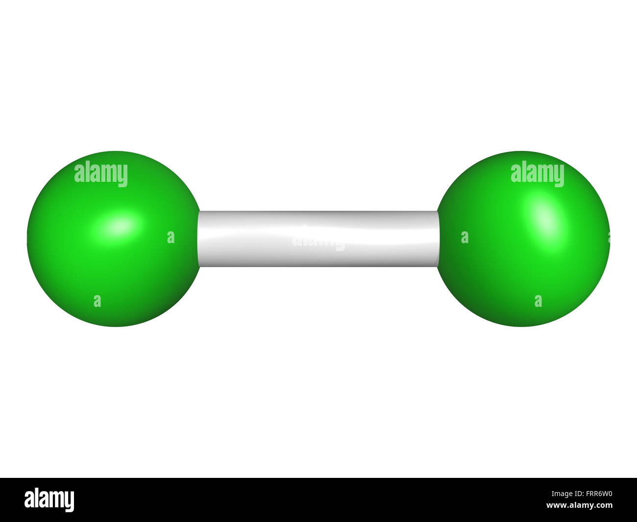 Cloro Elemental (Cl2), modelo molecular. Los átomos son representados como esferas con codificación de color convencional: cloro (verde). Foto de stock